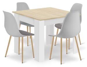Zestaw Stół NP 80x80cm Dąb Sonoma + Biały + 4 krzesła WAT szare / nogi naturalne