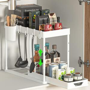 Półka pod zlew - Dwupoziomowa, plastik - Biały - Wysokość 26, 31 i 36 cm - Z haczykami i kubkiem wiszącym