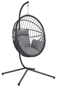 Wiszące krzesło kokon ze stojakiem, szare, rattan i stal