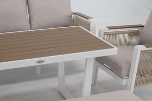 EMWOmeble Zestaw ogrodowy z aluminium PROVENCE | Biały + imitacja drewna | Beżowe poduszki
