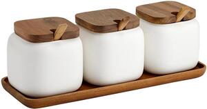 Komplet pojemników do przechowywania z porcelany i drewna akacjowego Essentials, 7 elem