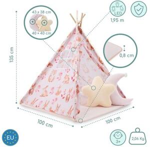 Tipi - namiot dla dziecka do pokoju z dywanem, poduszkami i światełkami LED - 135cm, różowy