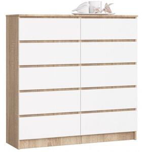 Komoda do salonu, sypialni, STILO, 10 szuflad, 120x40x121 cm, dąb sonoma, biel, mat | TYLETEGOTU