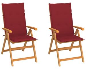 Krzesła ogrodowe, 2 szt., czerwone poduszki, lite drewno tekowe