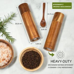 Zestaw 2×Ręczny Drewniany Młynek Do Soli I Pieprzu z łyżeczką