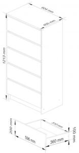 Komoda do sypialni, 5 szuflad, STILO, 60x40x121 cm, dąb craft, mat | TYLETEGOTU