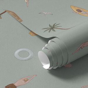 Tapety Pływacy, delfin i akcesoria plażowe na zielonym tle, Unikalne tapety, a01275v2 : Uwalls.pl
