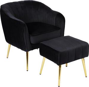 Czarny welurowy fotel ze złotymi nogami i podnóżkiem