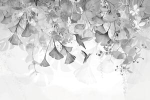 Samoprzylepna tapeta liście z kolibrami w czerni i bieli