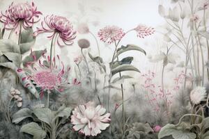 Tapeta w kwiaty pokryte naturą z różowym kontrastem