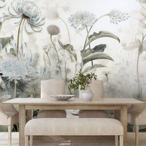 Samoprzylepna tapeta w kwiaty pokryte naturą z niebieskim kontrastem