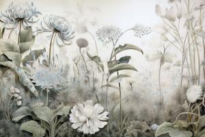 Tapeta w kwiaty pokryte naturą z niebieskim kontrastem