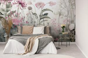 Samoprzylepna tapeta w kwiaty pokryte naturą z różowym kontrastem
