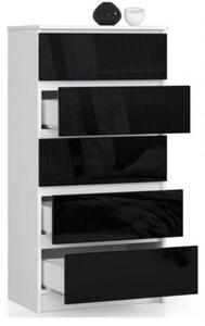 Komoda do sypialni, 5 szuflad, STILO, 60x40x121 cm, biel, czarny, połysk | TYLETEGOTU