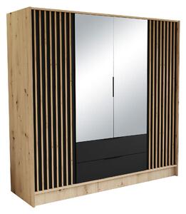 Szafa 4-drzwiowa Nori 200 cm dąb artisan z czarnymi lamelami, szufladami, lustrem do sypialni, przedpokoju czy jako gardroba