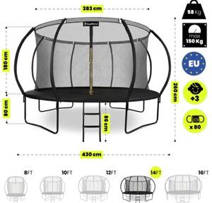 Trampolina ogrodowa XXXL dla dzieci HyperMotion - 430 cm 14FT - z drabinką i siatką wewnętrzną - do domu i ogrodu - 150kg max
