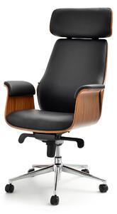 Czarny fotel biurowy skórzany leonard z drewnem orzech na chromowanej nodze