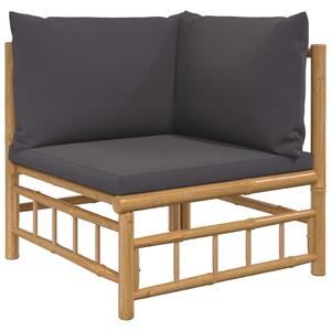 Narożna sofa ogrodowa z ciemnoszarymi poduszkami, bambusowa