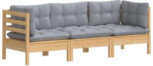 Sofa 3-osobowa ogrodowa z szarymi poduszkami, drewno sosnowe