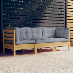Sofa 3-osobowa ogrodowa z szarymi poduszkami, drewno sosnowe