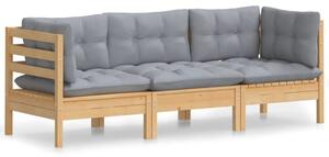 Sofa 3-osobowa ogrodowa z szarymi poduszkami, drewno sosnowe