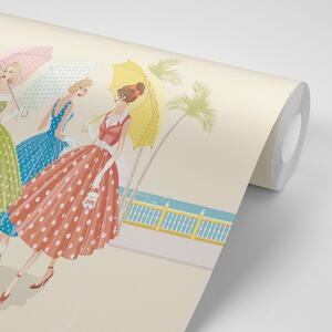 Samoprzylepna tapeta retro damy z parasolkami