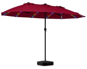 Podwójny parasol ogrodowy z podstawą i solarnymi lampkami LED