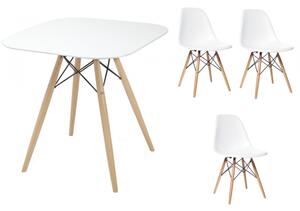 Zestaw stół kwadratowy PARIS 80x80 cm + 3 krzesła MILANO białe nogi bukowe