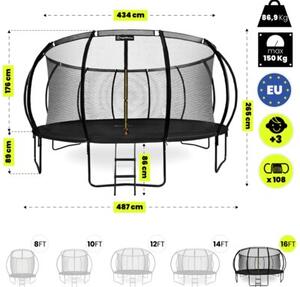 Trampolina ogrodowa XXXXL dla dzieci HyperMotion - 487 cm 16FT - z drabinką i siatką wewnętrzną - do domu i ogrodu - 150kg max