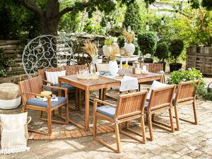 Zestaw ogrodowy drewniany stół i 8 krzeseł z niebieskimi poduszkami Sassari Beliani