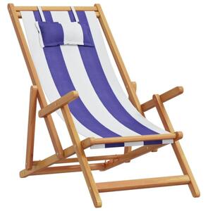 Składane krzesło plażowe, niebiesko-białe, eukaliptus i tkanina