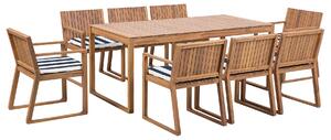 Zestaw ogrodowy drewniany stół i 8 krzeseł z niebiesko-białymi poduszkami Sassari Beliani