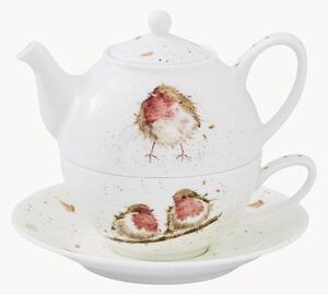 Komplet filiżanki ze spodkiem z porcelany kostnej Tea For One Robin, 3 elem
