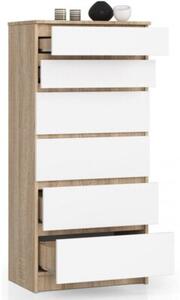 Komoda do sypialni, pokoju, 6 szuflad, STILO, 60x40x130 cm, dąb sonoma, biel, mat | TYLETEGOTU