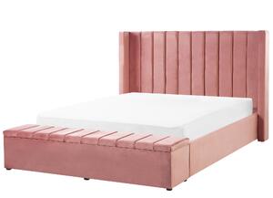 Łóżko welurowe z wezgłowiem i stelażem z ławką 180x200 cm różowe Noyers Beliani