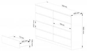 Komoda do sypialni, 8 szuflad, STILO, 160x40x99 cm, biel, dąb sonoma, mat | TYLETEGOTU