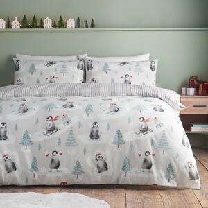 Flanelowa pościel jednoosobowa w naturalnym kolorze 135x200 cm Brushed Christmas Penguins – Catherine Lansfield