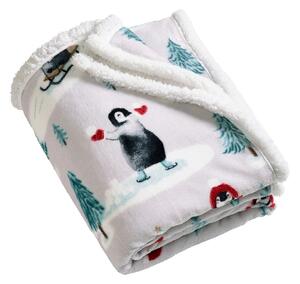 Biały koc ze świątecznym motywem 170x130 cm Christmas Sherpa Penguins – Catherine Lansfield