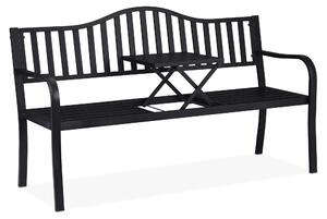 Ławka ogrodowa Relaxdays ze składanym stolikiem, 3-osobowa, stabilna, ogrodowa, metalowa ławka balkonowa, wymiary 89 x 150 x 58,5 cm, czarna