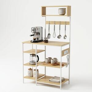 Półka kuchenna Relaxdays z gniazdkiem elektrycznym i portem USB, wymiary: 151 x 82 x 40 cm, półka pod kuchenkę mikrofalową, wygląd drewniany, otwarta, metalowa, kolor naturalny/biały