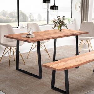 WOHNLING Stół do jadalni 200x100x76 cm z litego drewna akacjowego / metalowy stół do jadalni z naturalnym brzegiem blatu, stół kuchenny z litego drewna z trapezowymi nogami w kolorze czarnym, stół drewniany