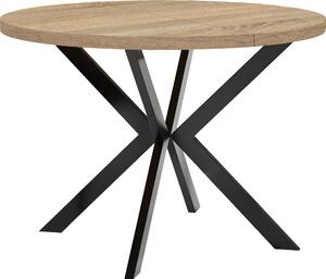 Okrągły rozkładany stół do jadalni, ENDIK, z metalowymi nogami, styl loft, industrialny, średnica: 110 / 160 cm, kolor: dąb Sonoma / czarny
