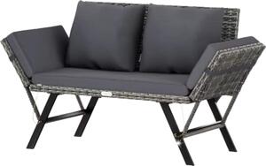 Ławka ogrodowa z polyrattan – 3-osobowa z regulowanymi podłokietnikami – odporna na warunki atmosferyczne – z poduszkami – szara – do ogrodu, tarasu i balkonu