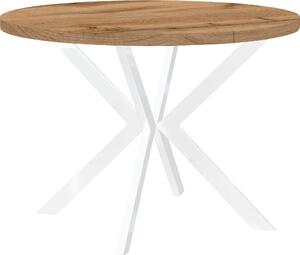 Okrągły rozkładany stół do jadalni, ENDIK, z metalowymi nogami, styl loft, industrialny, średnica: 90 / 140 cm, kolor: dąb Wotan / biały