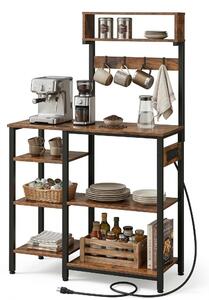 Półka kuchenna Relaxdays z gniazdkiem elektrycznym i portem USB, wymiary: 151 x 82 x 40 cm, półka pod kuchenkę mikrofalową, imitacja drewna, otwarta, metalowa, brązowo-czarna