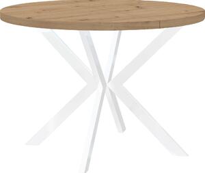 Okrągły rozkładany stół do jadalni, ENDIK, z metalowymi nogami, styl loft, industrialny, średnica: 120/220 cm, kolor: dąb Artisan / biały