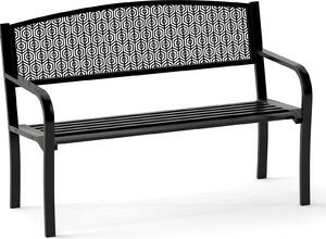 Metalowa ławka ogrodowa, ławka parkowa dla 2-3 osób, wygodne podłokietniki i zakrzywione siedzisko, z dekoracyjnym wzorem na oparciu, 128 x 60 x 86 cm, czarna