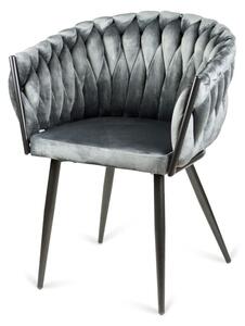Krzesło kubełkowe tapicerowane plecione LARISSA szare welurowe, czarne nogi