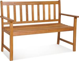Ławka ogrodowa dla 2 osób, drewniana ławka z ergonomicznym oparciem, podłokietnikami i odporną na warunki atmosferyczne ramą z drewna akacjowego, siedzisko, nośność: 360 kg
