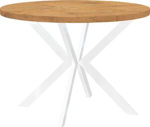 Okrągły rozkładany stół do jadalni, ENDIK, z metalowymi nogami, styl loft, industrialny, średnica: 110 / 160 cm, kolor: dąb Lancelot / biały